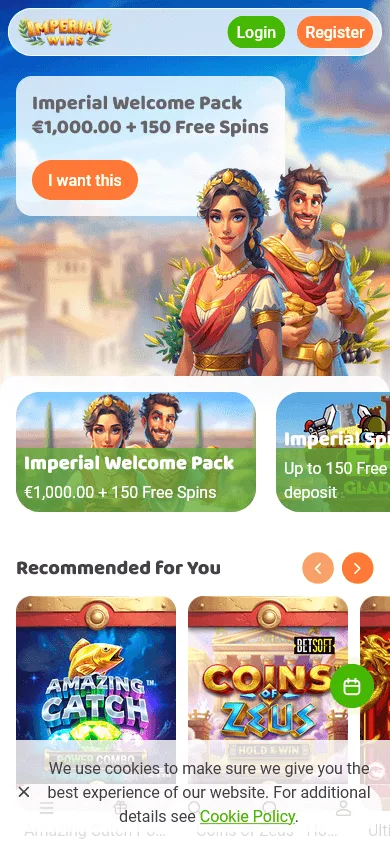 Imperial Wins Casino games view on a mobile device