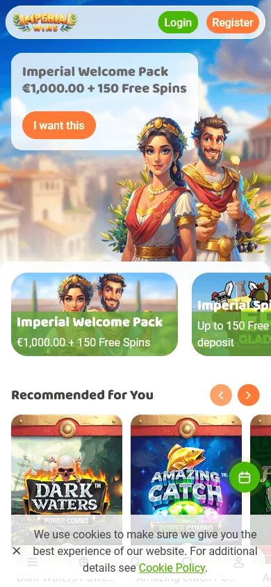 Imperial Wins Casino home view on a mobile device