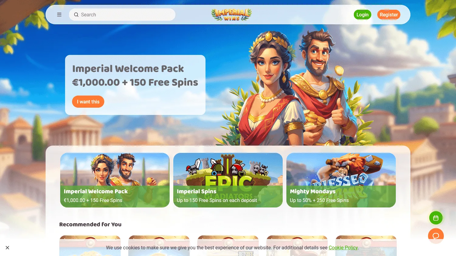 Imperial Wins Casino home view on desktop