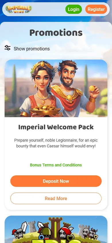 Imperial Wins Casino promotions view on a mobile device