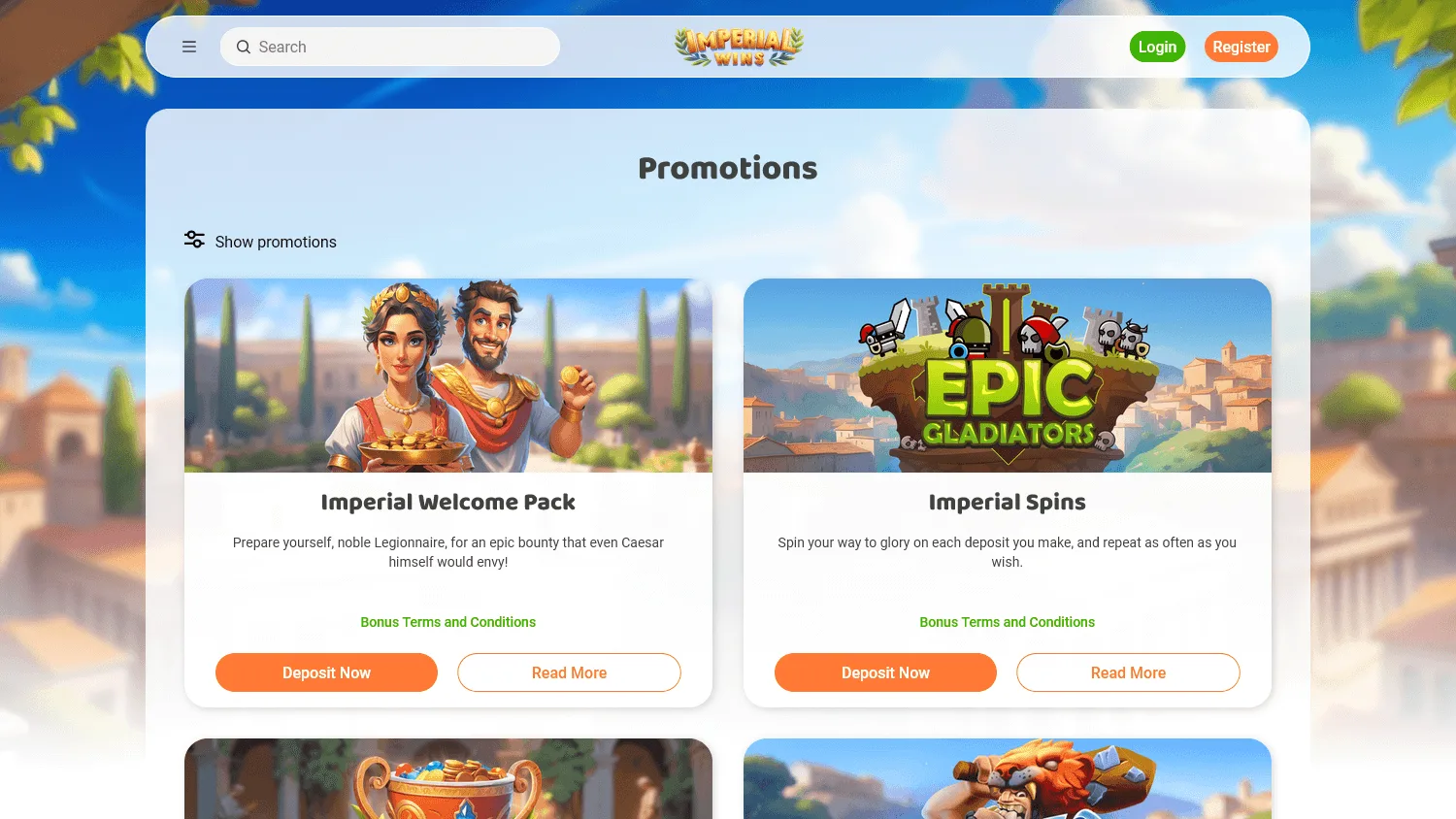 Imperial Wins Casino promotions view on desktop